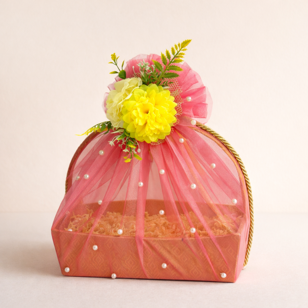 Decorative box with pink cover and yellow flowers on a beige background