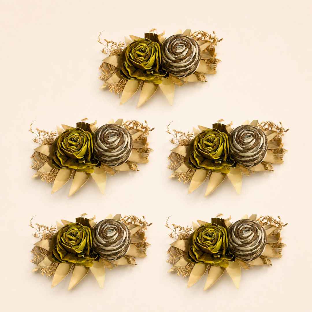 Set of 5 Olive Green & Natural Floral Decorative Accessories for Hamper & Trousseau Packing