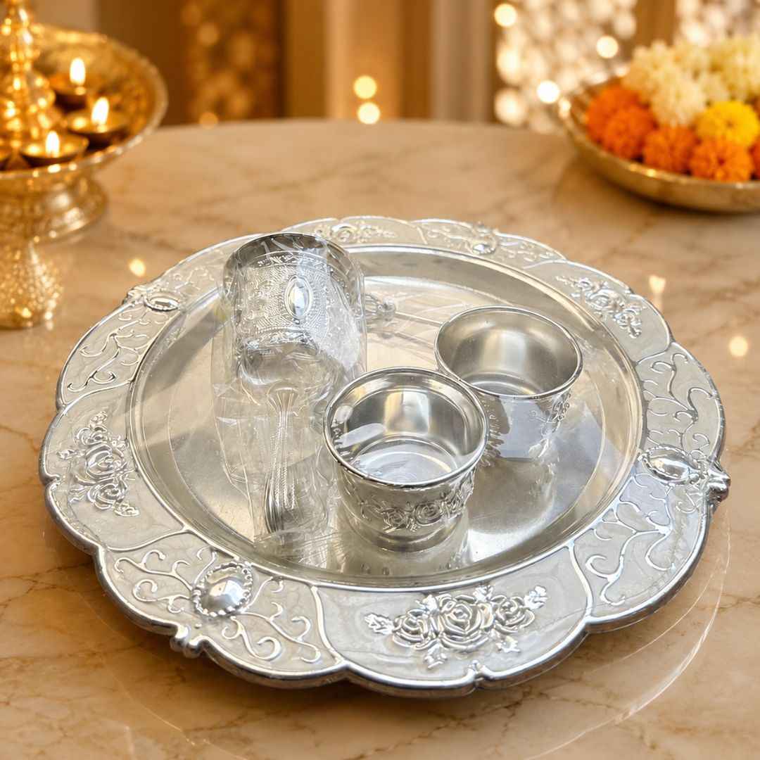 Premium German Silver Tray Set with Bowls & Spoon for Pooja, Serving & Gifting