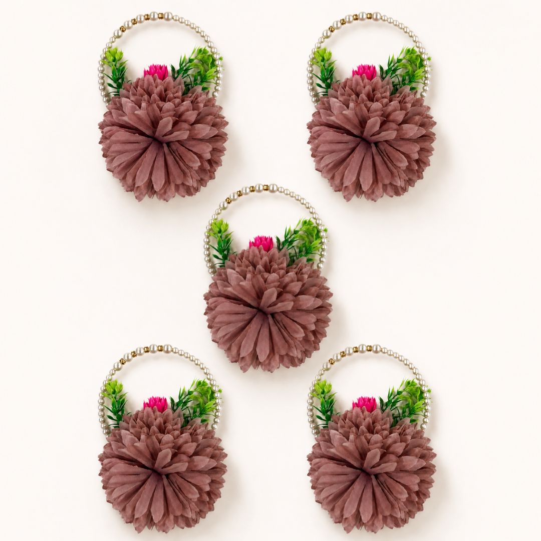 Set of 5 Mauve Pearl Handle Floral Decorative Accessories for Hamper & Trousseau Packing