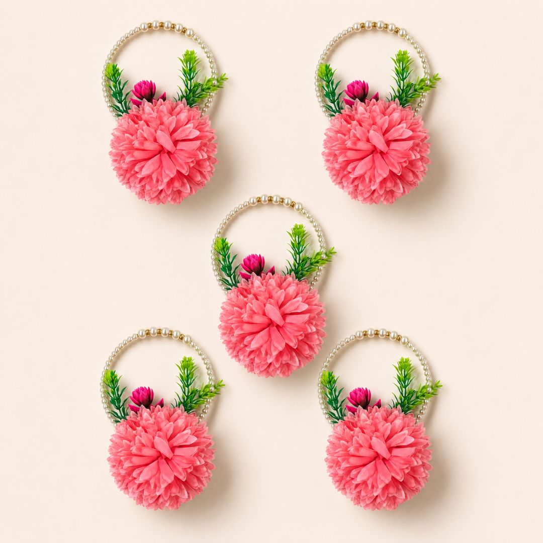 Set of 5 Coral Pink Pearl Loop Floral Decorative Accessories for Hamper & Trousseau Packing