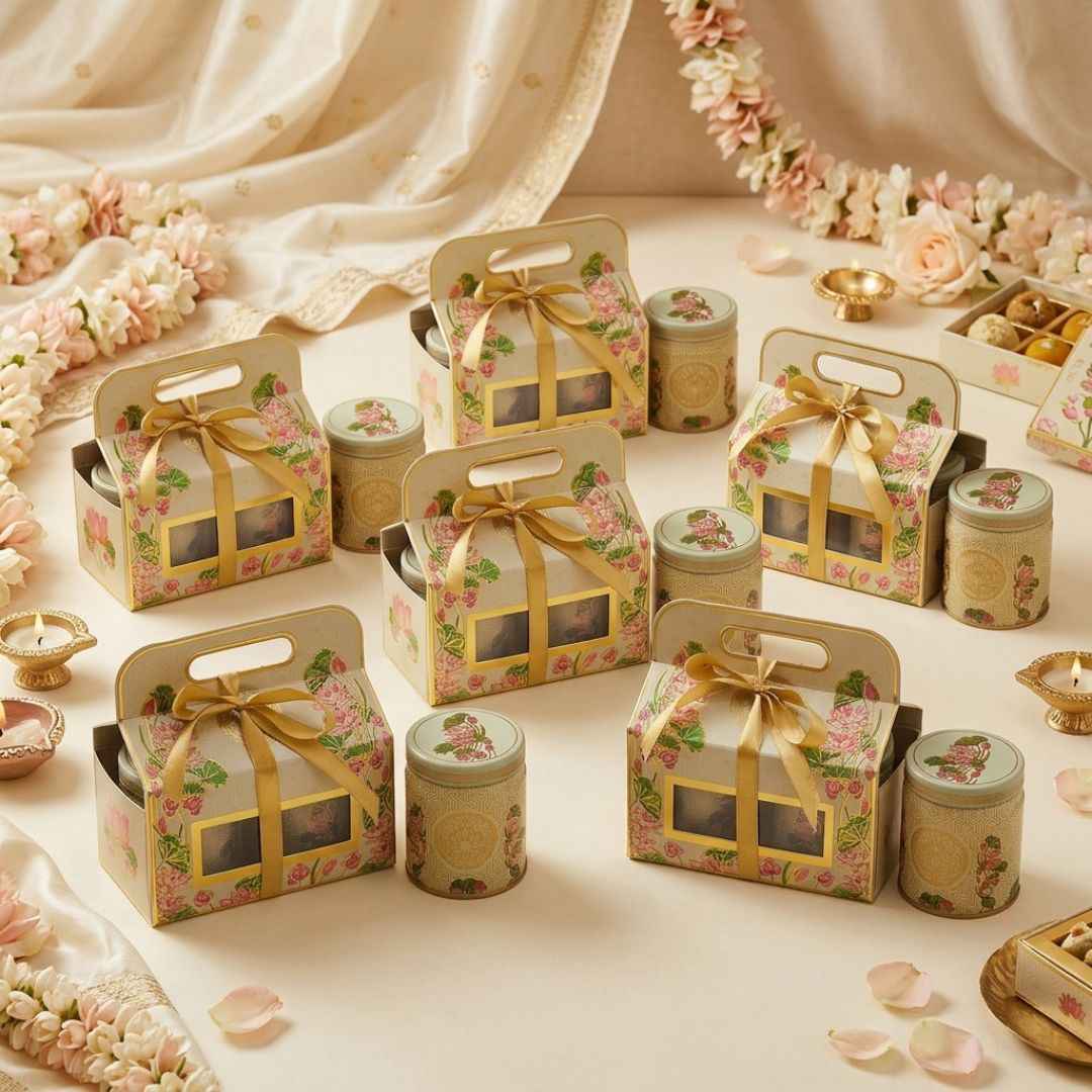 Pack of 6 Cream Lotus Printed 2 Jar Tin Gift Box with Handle