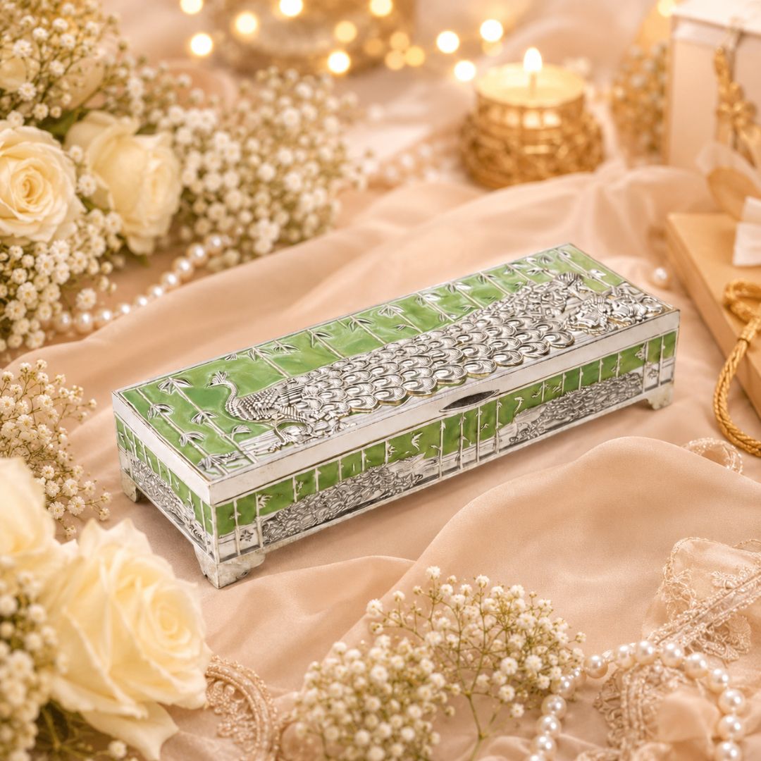 Premium German Silver Peacock Dry Fruit Box with Green Enamel Finish (9 x 3.5 x 2 Inch)