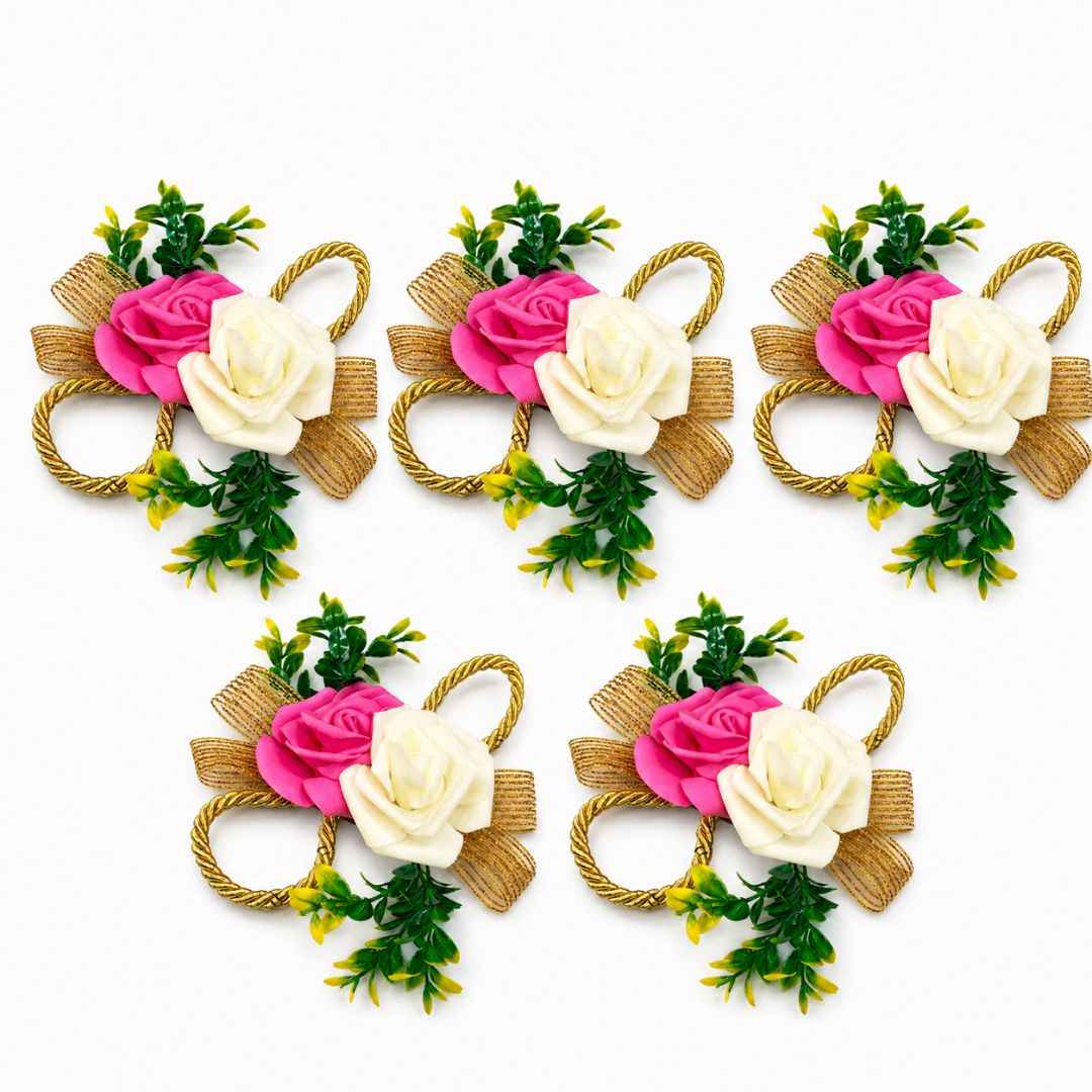 Pack of 5 Pink & White Rose Golden Ribbon Decorative Accessories