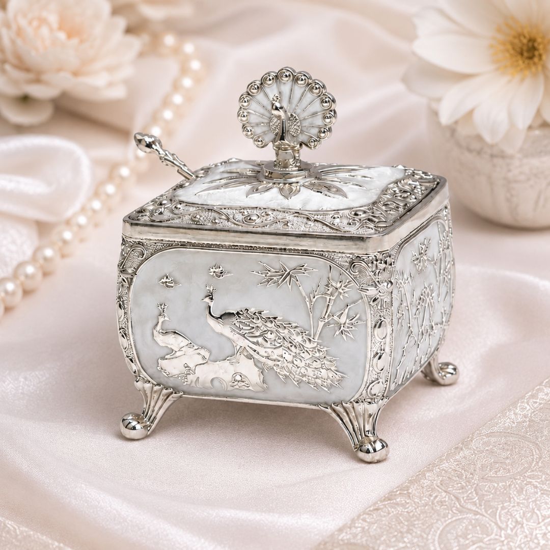 Royal White German Silver Peacock Dry Fruit Box (4 x 4 Inch) – Luxury Wedding & Festive Gift