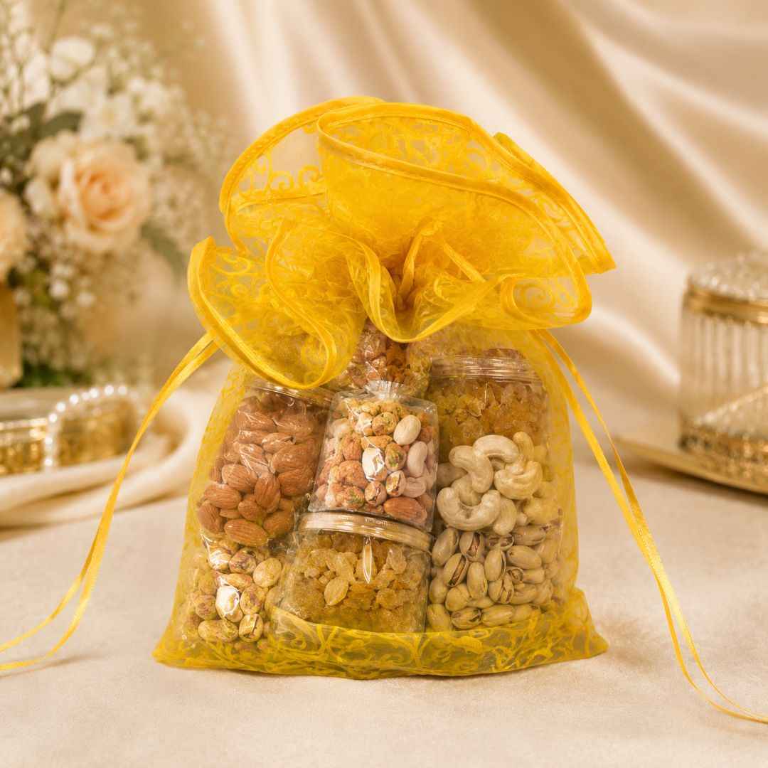 Yellow Organza Potli Gift Bag Pack of 5
