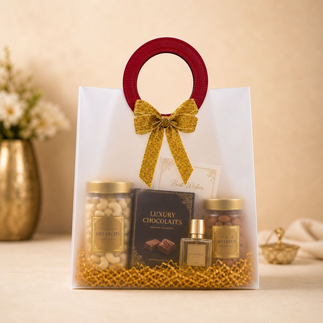 (Set of 5)Premium Frosted Gift Bags with Designer Ring Handle & Golden Bow –(7 x 10 Inch)