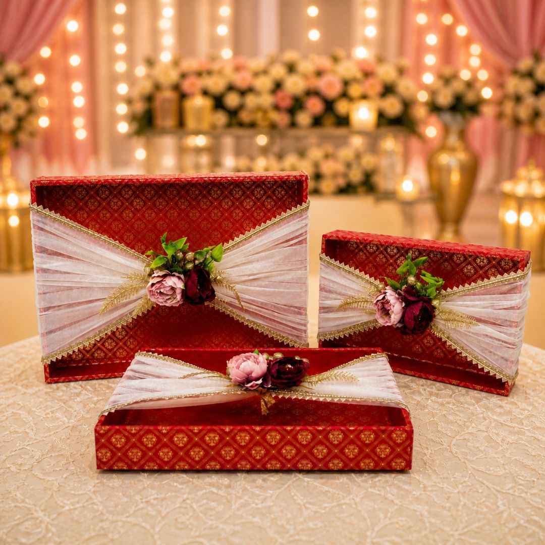 (Set of 3)Premium Red Floral Net Decorative Tray – Wedding Trousseau & Gift Packing Trays