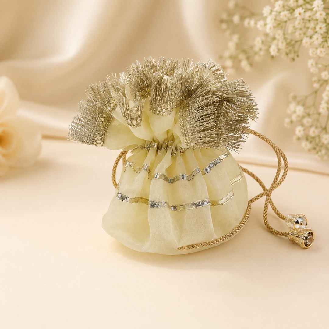 Pack of 5 -Cream Gold Lace Drawstring Potli Bag