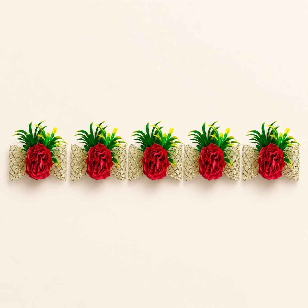Set of 5 Red Floral Golden Bow Decoration Accessories for Hamper Packing