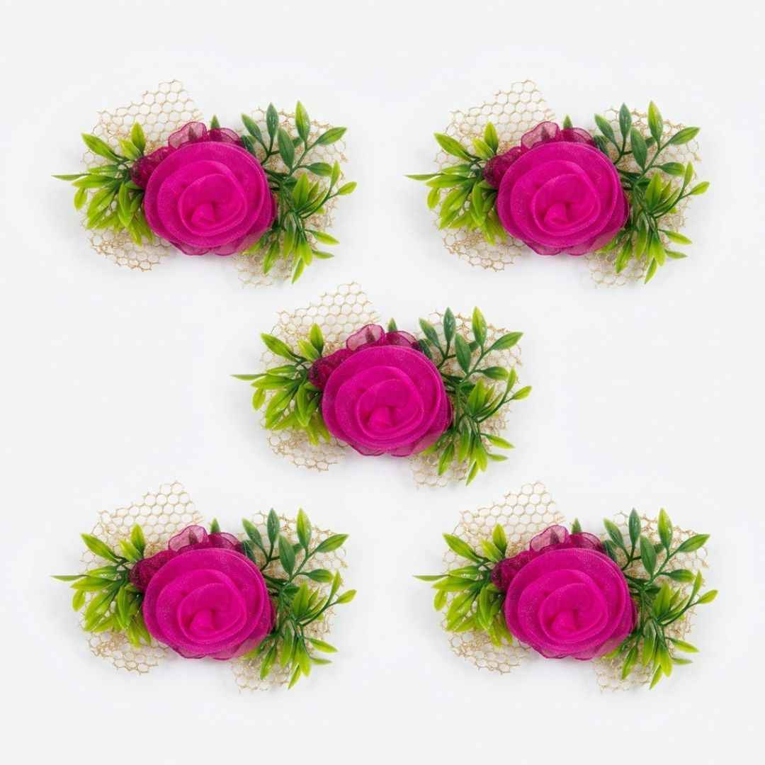 Set of 5 Magenta Pink Net Flower Decorative Accessories for Hamper & Trousseau Packing
