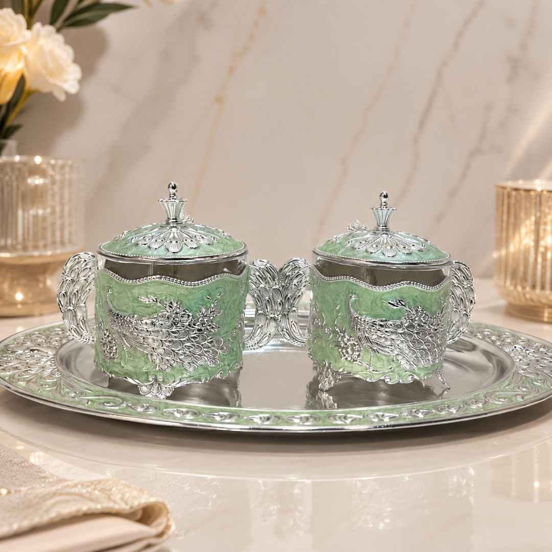 German Silver Green Peacock Container Set with Tray