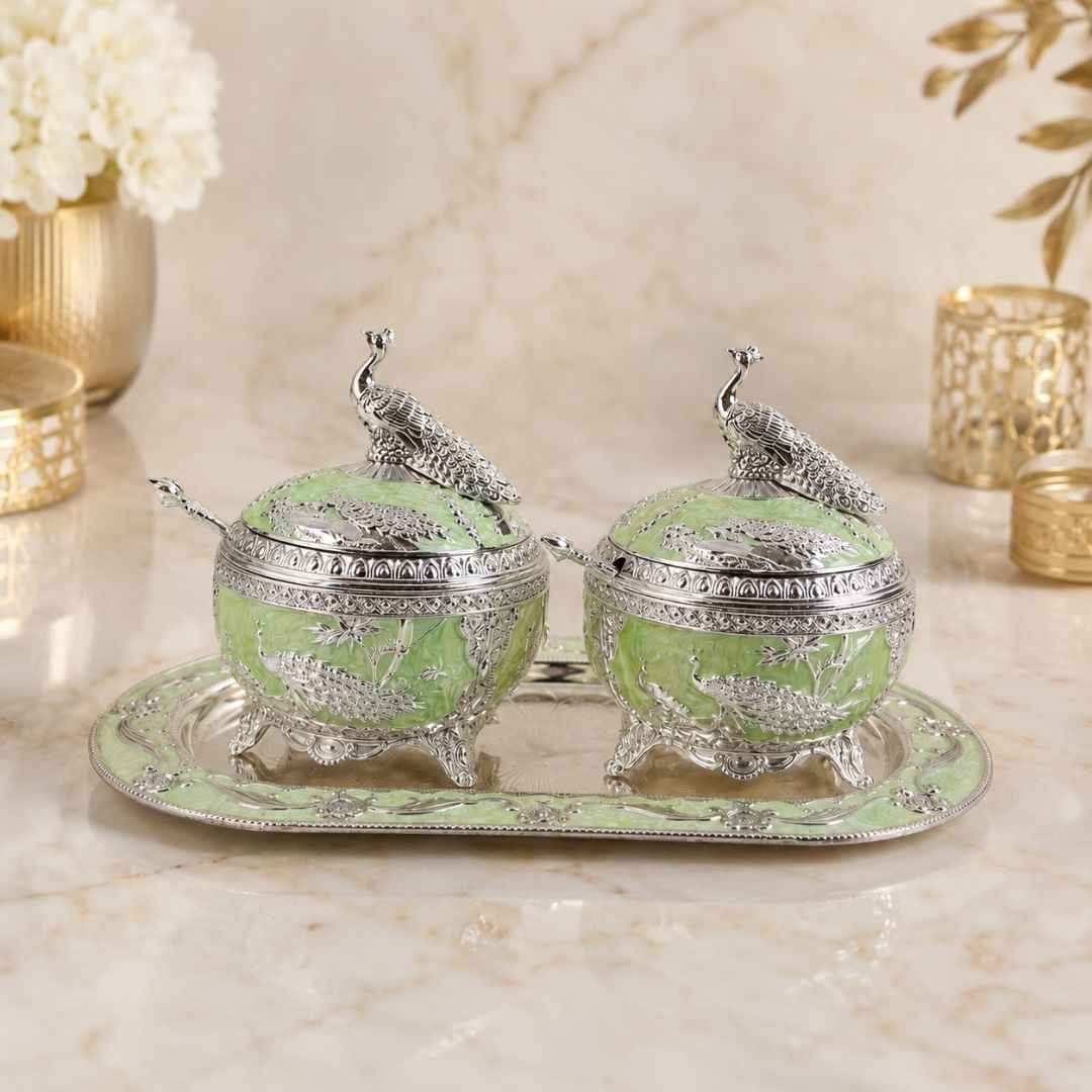 German Silver Green Peacock Serving Set with Spoons
