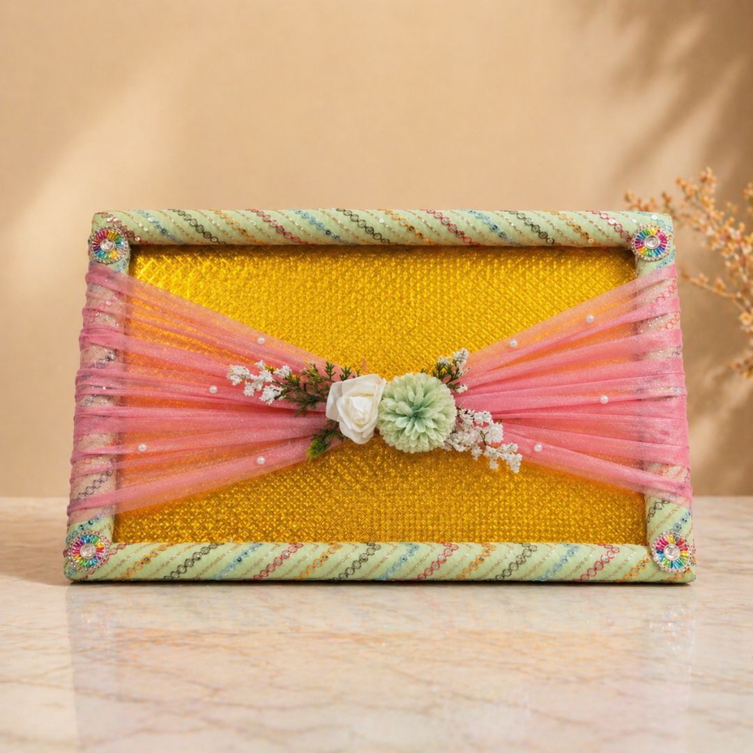 (Set of 3) Classic Green Brocade Trousseau Trays with Organza & Floral Decor – Wedding Gift Packing Made Elegant