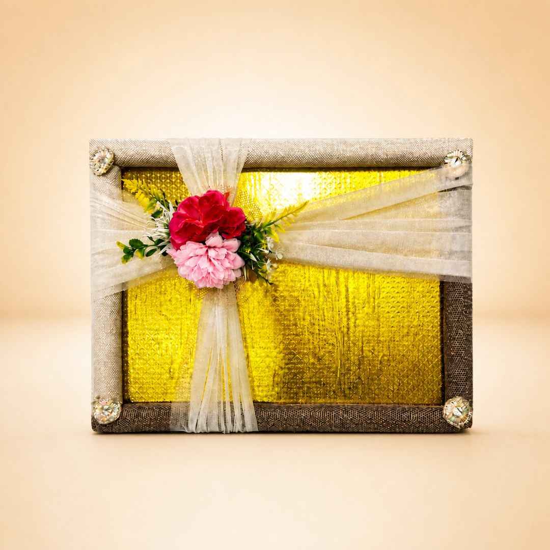 (Set of 3)Luxury Golden Ready-to-Use Trousseau Tray with Floral Net Decor – 19 x 14 Inches