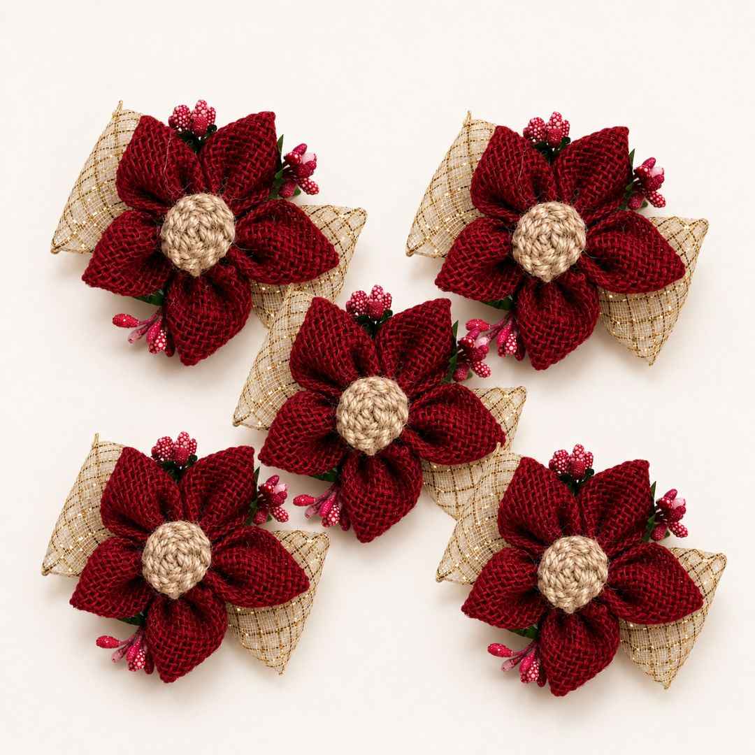 Set of 5 Maroon Jute Floral Golden Bow Decoration Accessories for Hamper Packing
