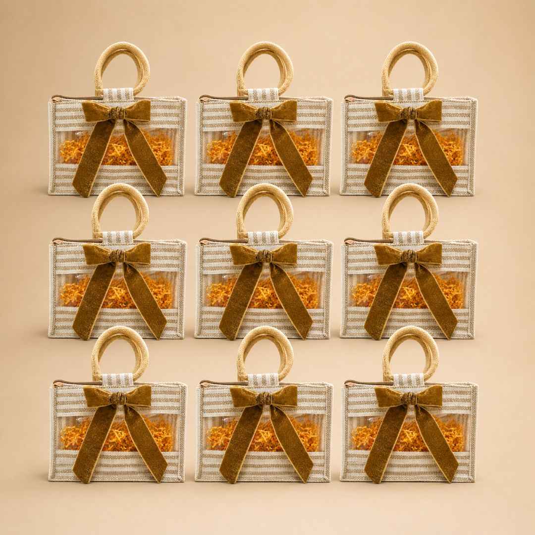 (Set of 5)Premium Jute Gift Bags with Transparent Window & Golden Bow – 12 x 15 Inches