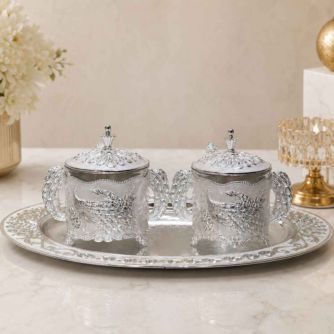 German Silver White Peacock Serving Set with Spoons