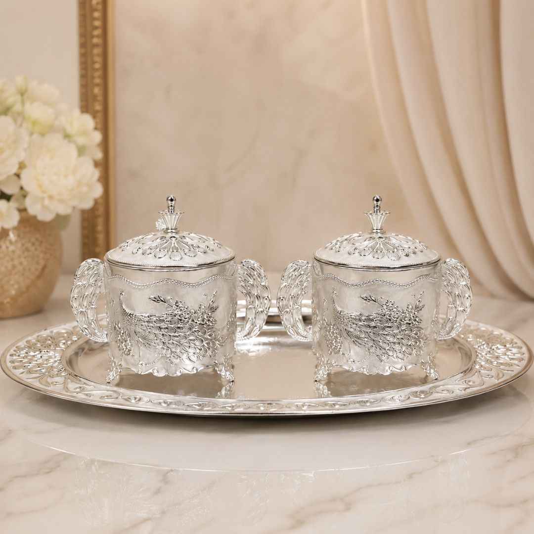 German Silver White Peacock Container Set with Tray