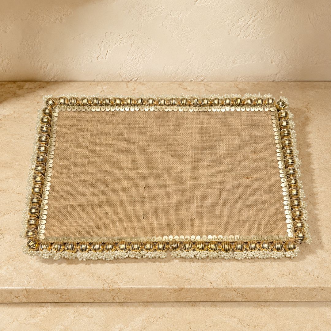 Natural Jute Gold Pearl Border Wedding Trousseau Tray