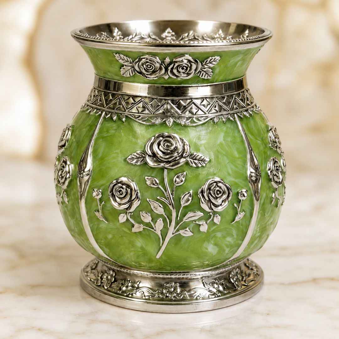 German Silver Floral Kalash with Green Enamel Work
