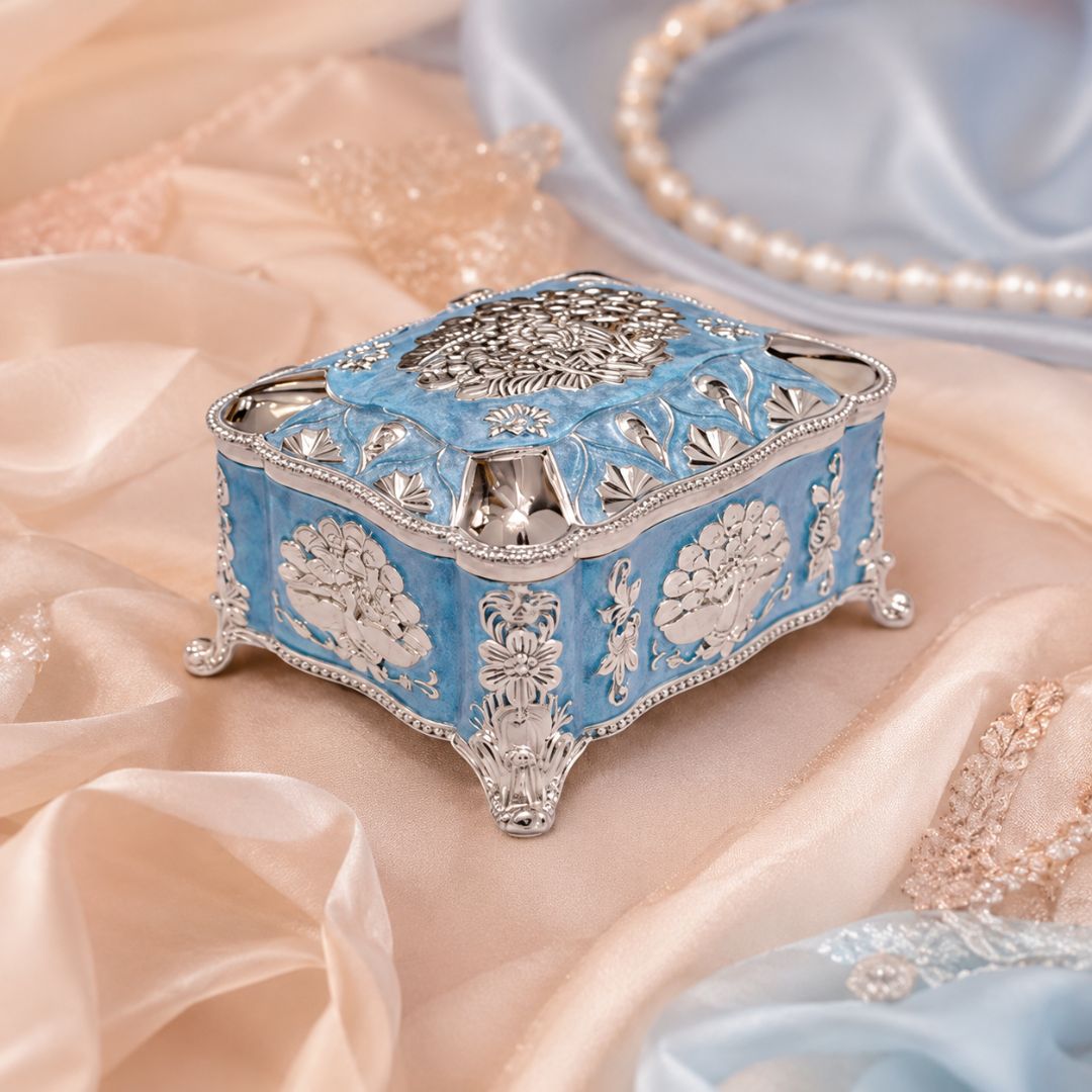Royal Blue Enamel German Silver Storage Box with Velvet Lining (4 x 3 x 3 Inch)