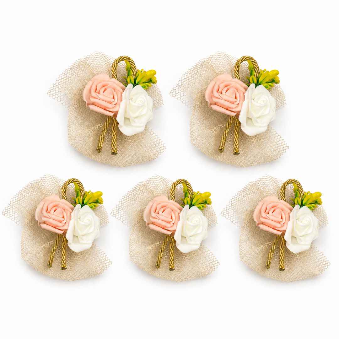 Pack of 5 Peach & White Rose Net Decorative Accessories for Hamper Packing