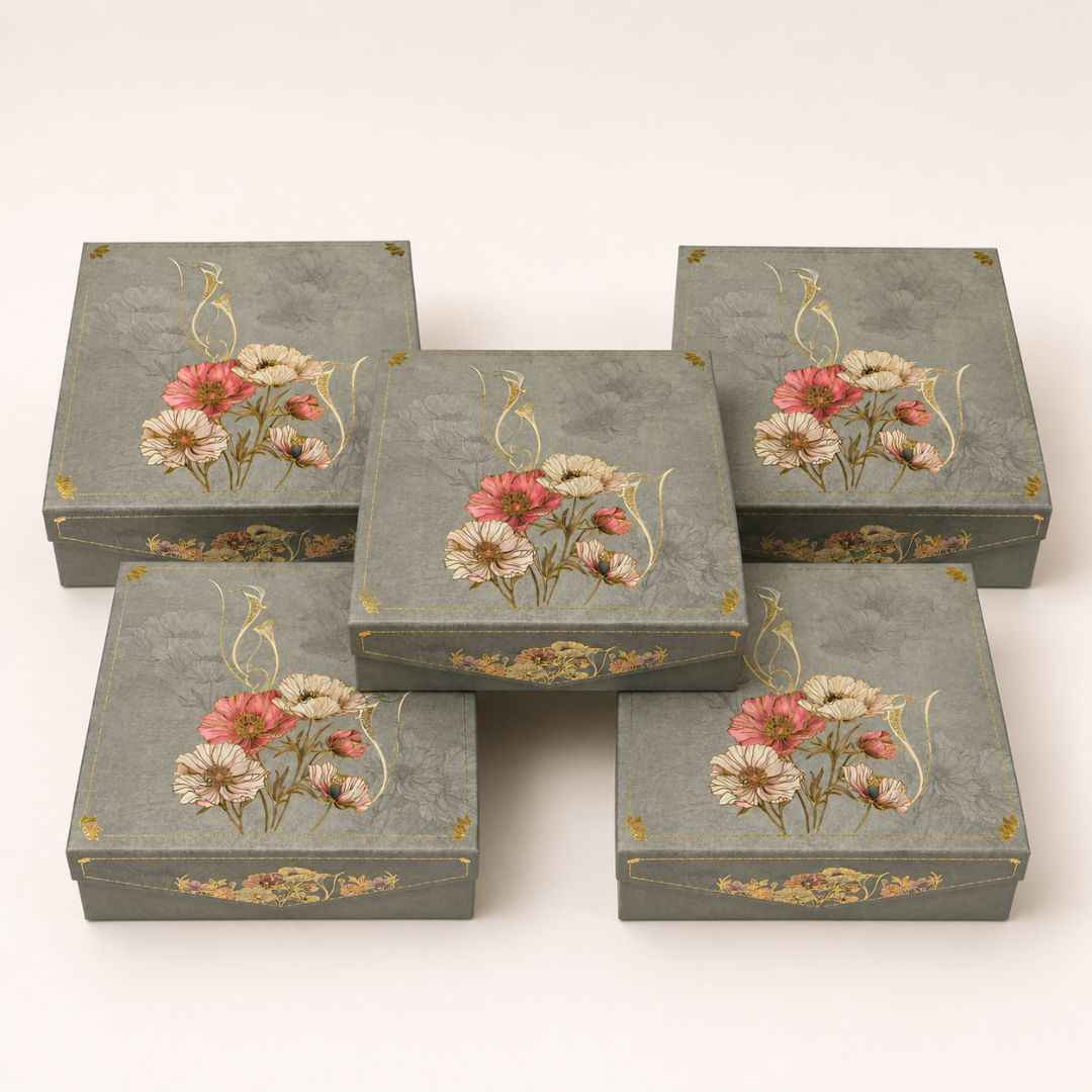 Pack of 5 Grey Floral Printed Square Gift Box – Premium Gift & Hamper Packaging Box