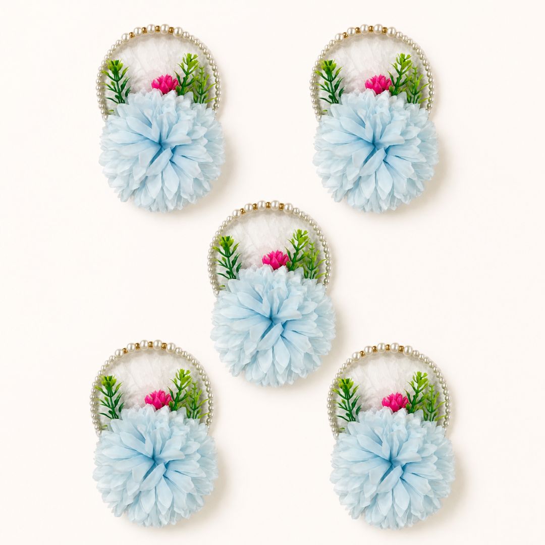 Set of 5 Sky Blue Pearl Loop Floral Decorative Accessories for Hamper & Trousseau Packing