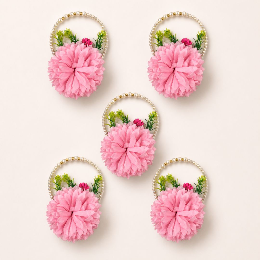 Set of 5 Pink Pearl Handle Floral Decorative Accessories for Hamper & Trousseau Packing