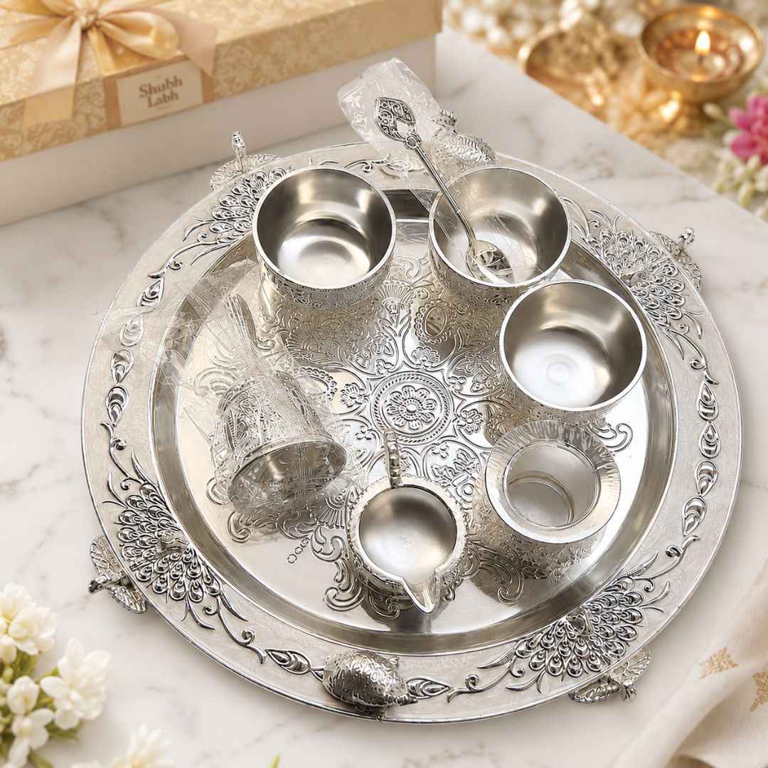 Premium German Silver Serving Set with Embossed Round Tray for Festive Gifting & Pooja Use