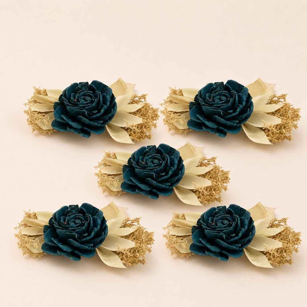 Set of 5 Teal Rose Decorative Accessories with Golden Leaves for Hamper & Trousseau Packing