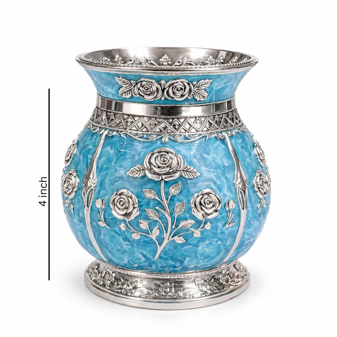 German Silver Floral Kalash with Sky Blue Enamel Work