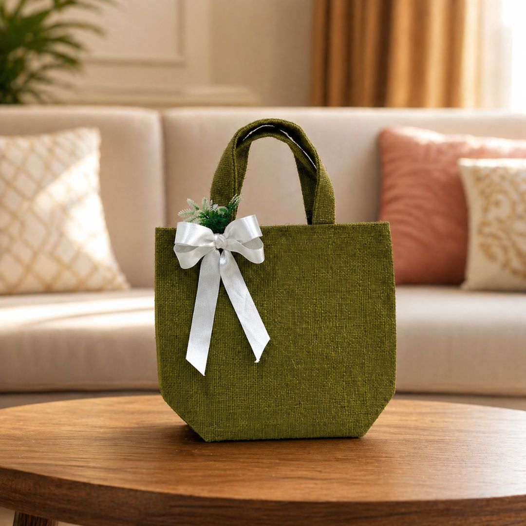 (Set of 5)Premium Olive Green Jute Gift Bag with Ribbon & Floral Accent  –  (11 x 15 Inch Sizes)