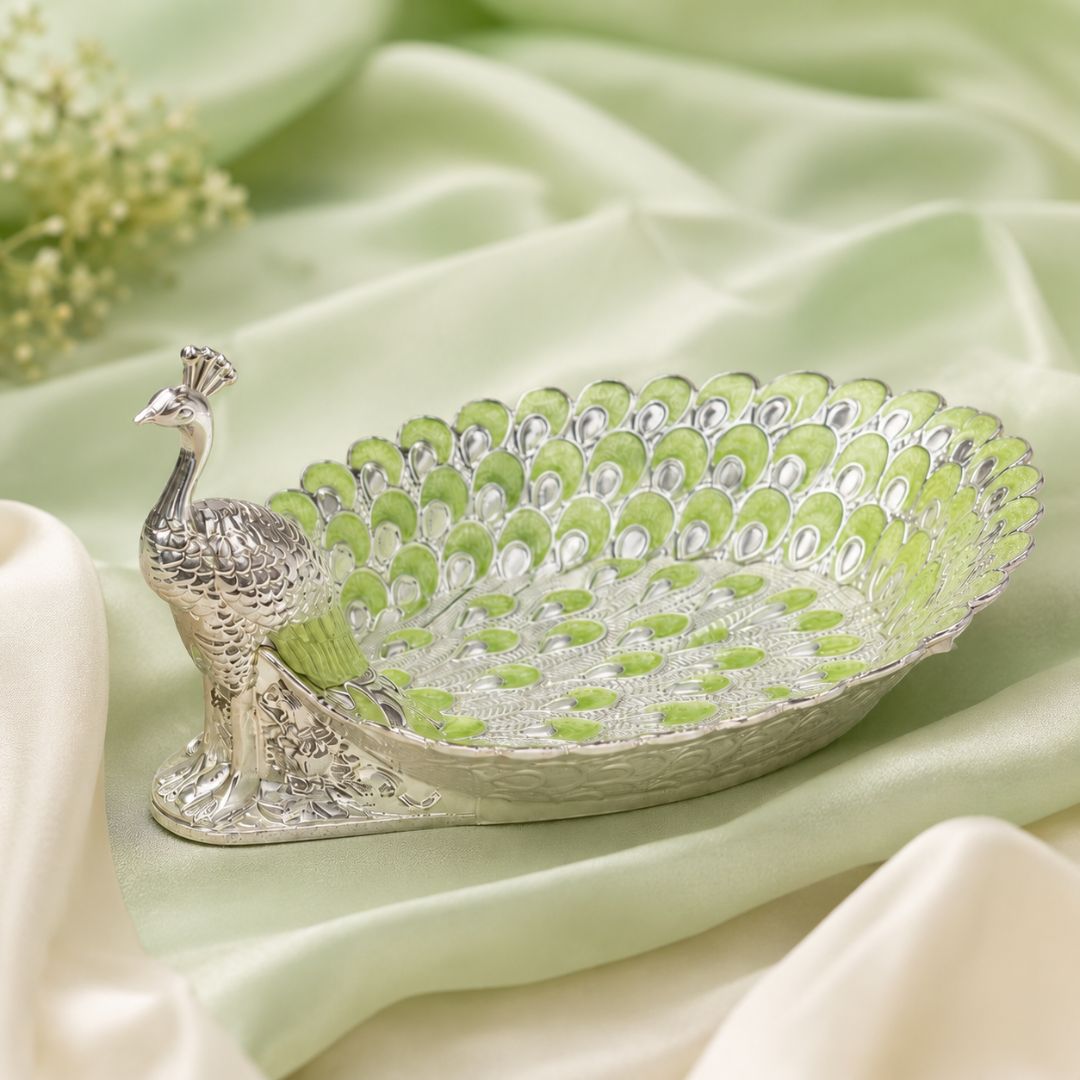 Peacock-Shaped German Silver Dry Fruit Tray – Green Enamel Finish (8 Inch)