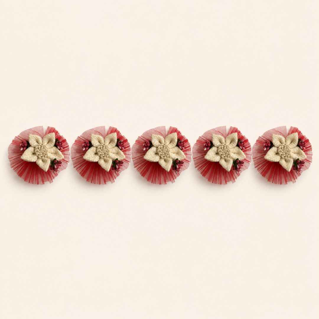 Set of 5 Jute Flower Decorative Accessories with Red Net for Hamper & Trousseau Packing