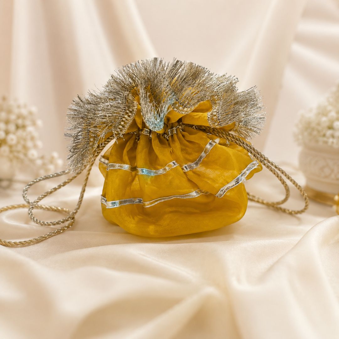 Pack of 5 -Mustard Yellow Gold Lace Drawstring Potli Bag
