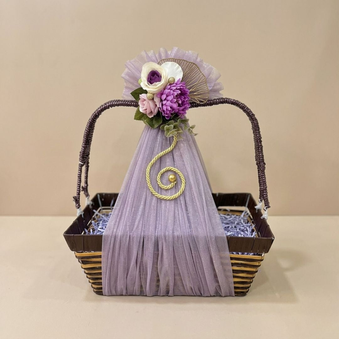 (Set of 3)Premium Lavender Net Gift Baskets with Floral Decor & Handle (16 x 12 Inches)