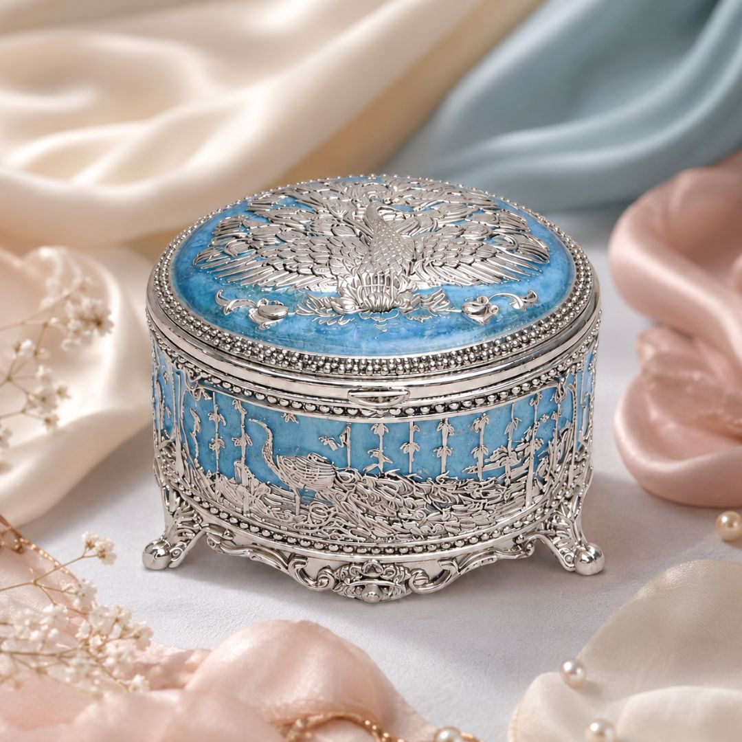 German Silver Peacock Design Round Box (3 Inch) – Luxury Dry Fruit & Return Gift Box