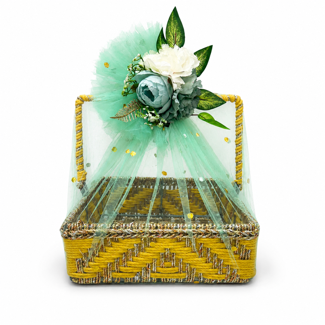 (Set of 3 )Premium Yellow Handwoven Trousseau Basket Set with Mint Net Decor –