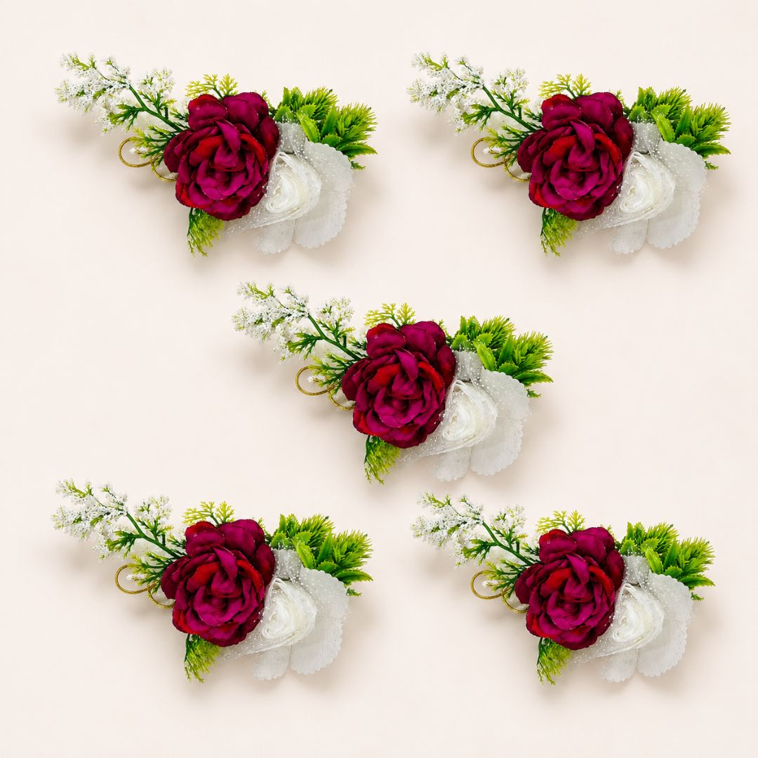 Set of 5 Maroon & White Floral Decorative Accessories for Hamper & Trousseau Packing