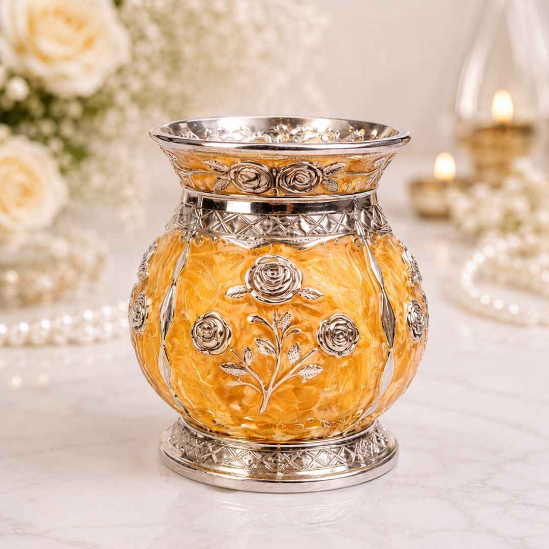 German Silver Floral Kalash with Yellow Enamel Work