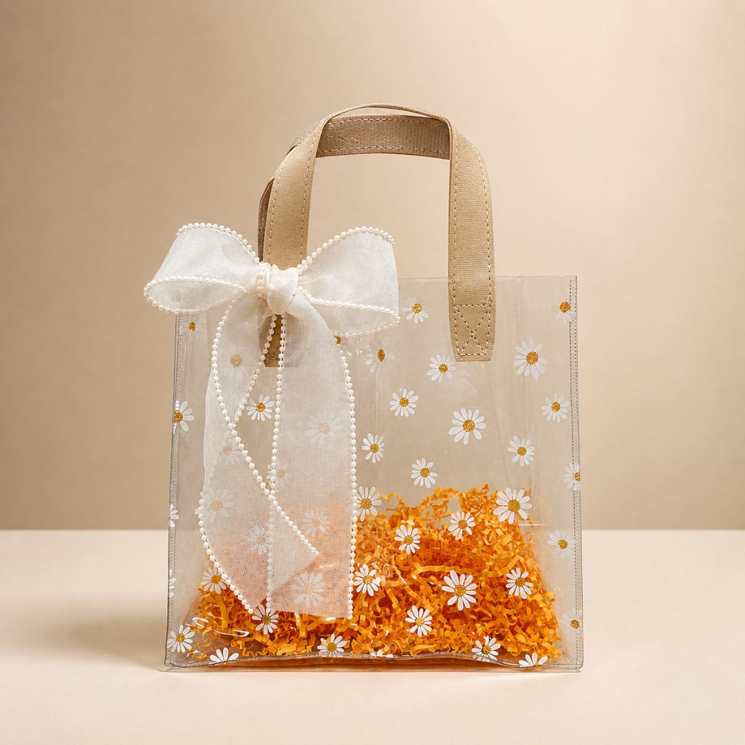 (Set of 5)Premium Transparent Floral Gift Bag with Bow Handle – 10 Inch x 14 Inch Sizes