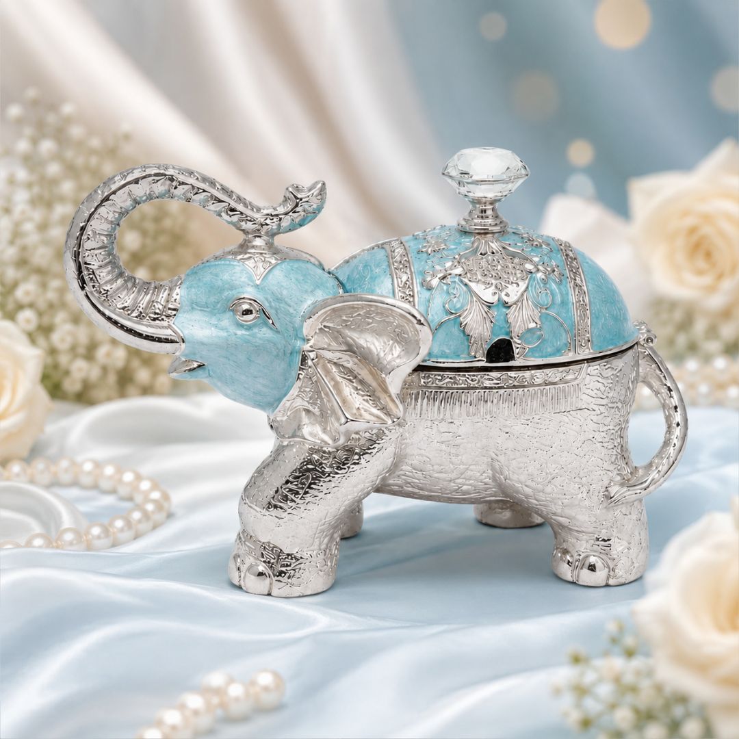 Luxury Silver Elephant Dry Fruit Box with Blue Enamel Finish | Decorative Storage & Gifting Box (8 x 6 Inch)