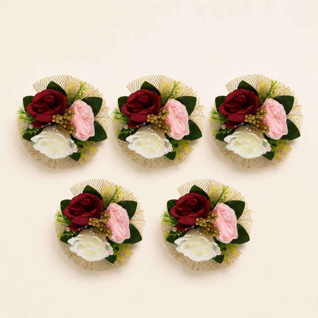 Set of 5 Red, Pink & White Floral Decorative Accessories for Hamper & Trousseau Packing