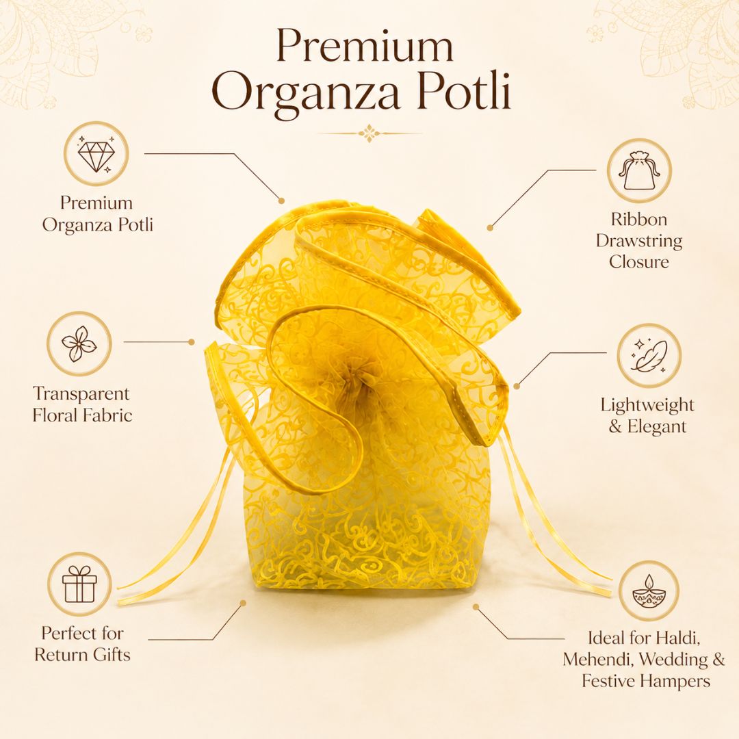 Pack of 5 Yellow Organza Potli Gift Bag