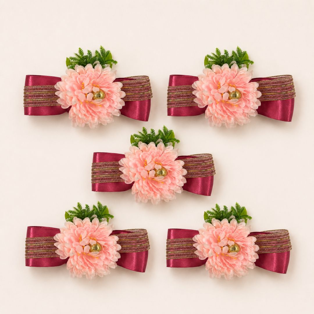 Set of 5 Peach Floral Ribbon Decorative Accessories for Hamper Decoration, Trousseau Packing & Wedding Trays