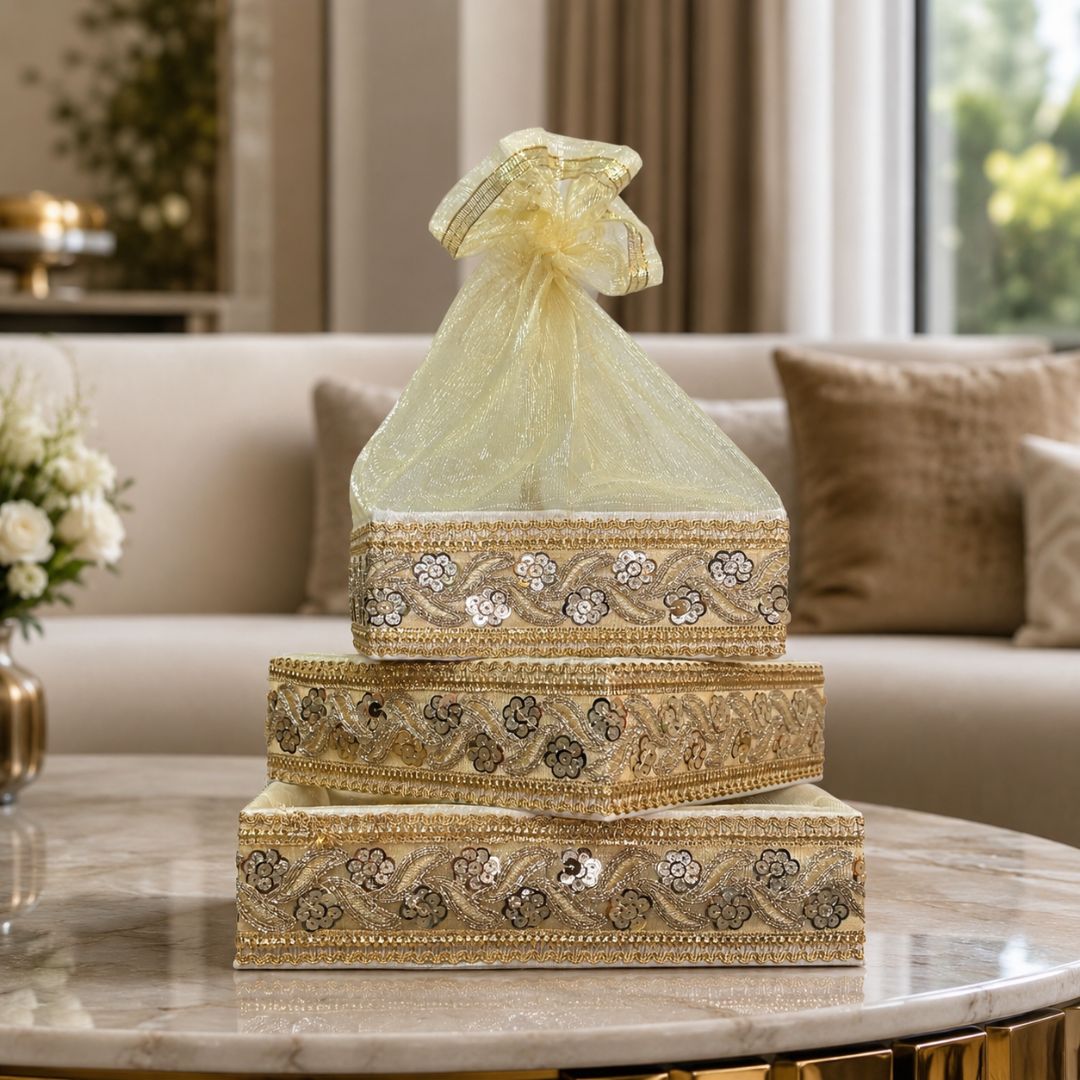 Set of 3-Ivory Gold Embroidered Wedding Hamper Basket Set