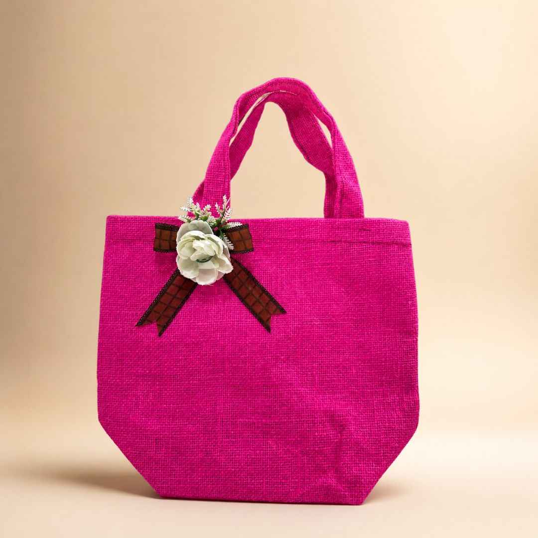 (Set of 5)Premium Pink Jute Gift Bags  with Floral Bow – 11 x 15 Inches