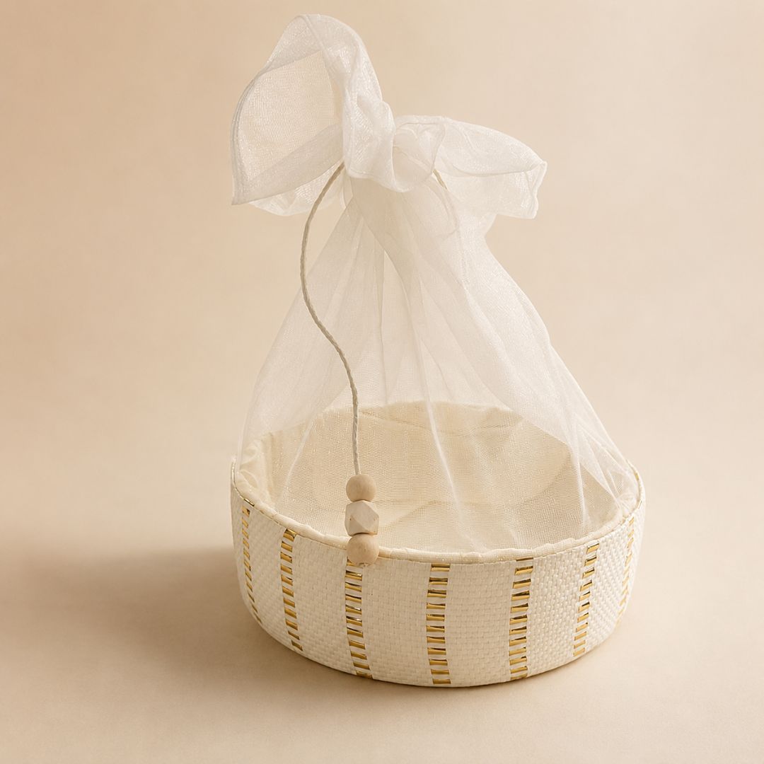 Set of 2-Ivory Gold Round Net Hamper Basket